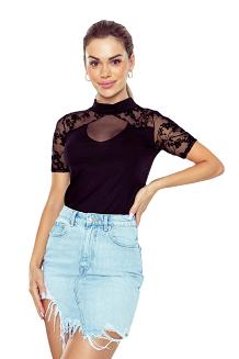 Bluzka damska ze stójką oraz dekoracyjną koronką Rubina czarna