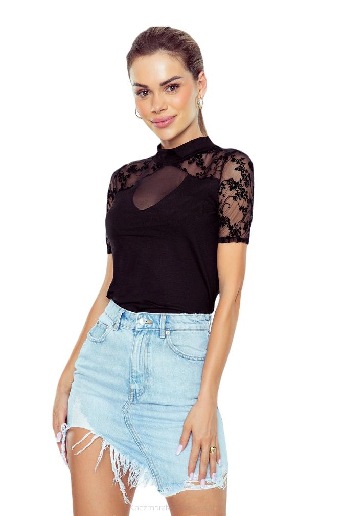 Bluzka damska ze stójką oraz dekoracyjną koronką Rubina czarna