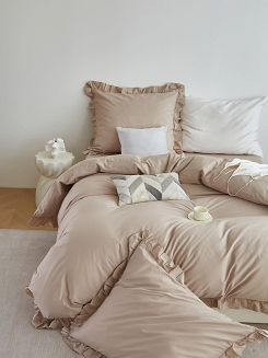 Pościel satyna bawełniana 140x200 Ruffy Premium beżowa z falbanką