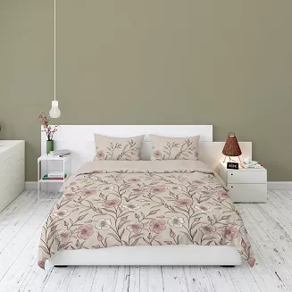 Pościel flanelowa 220x200 beżowa w różowe kremowe kwiaty lnu