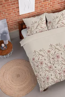 Pościel flanelowa 220x200 beżowa w różowe kremowe kwiaty lnu