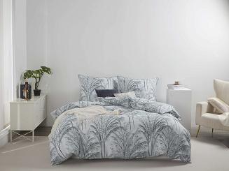 Biała Pościel Vintage z Nadrukiem Satyna Bawełniana 160x200 z Szałwiową Lamówką Biza