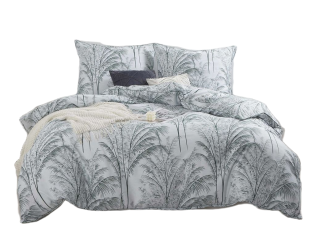 Pościel satyna bawełniana VINTAGE 160x200 biała szałwiowa nadruk palmowy gaj lamówka biza
