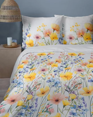 Pościel satynowa Home Satin 160x200 biała w akwarelowe barwne kwiaty