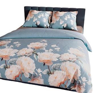 Komplet pościeli z bawełny satynowej MELLORIA 160x200 niebieska w kremowe piwonie