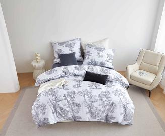 Biała Pościel Vintage z Nadrukiem Satyna Bawełniana 220x200 z Szarą Lamówką Biza