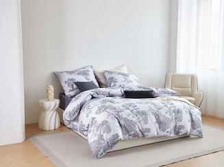 Biała Pościel Vintage z Nadrukiem Satyna Bawełniana 220x200 z Szarą Lamówką Biza