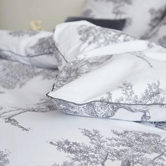 Biała Pościel Vintage z Nadrukiem Satyna Bawełniana 220x200 z Szarą Lamówką Biza