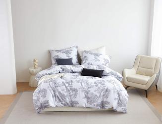 Biała Pościel Vintage z Nadrukiem Satyna Bawełniana 220x200 z Szarą Lamówką Biza