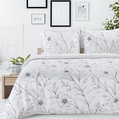 Pościel satynowa SPRING 220x200 Eurofirany biała czarna szkicowane polne kwiaty