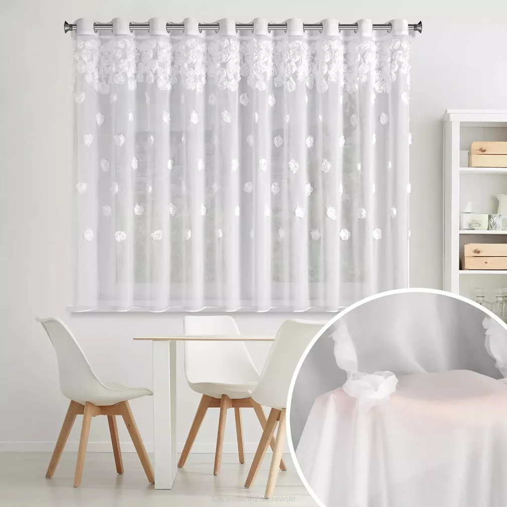 Firana gotowa na przelotkach DIANA 350x160 Eurofirany biała z szyfonu ozdobiona aplikacją w róże 3D