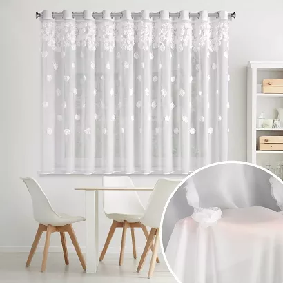 Firana gotowa na przelotkach DIANA 350x160 Eurofirany biała z szyfonu ozdobiona aplikacją w róże 3D