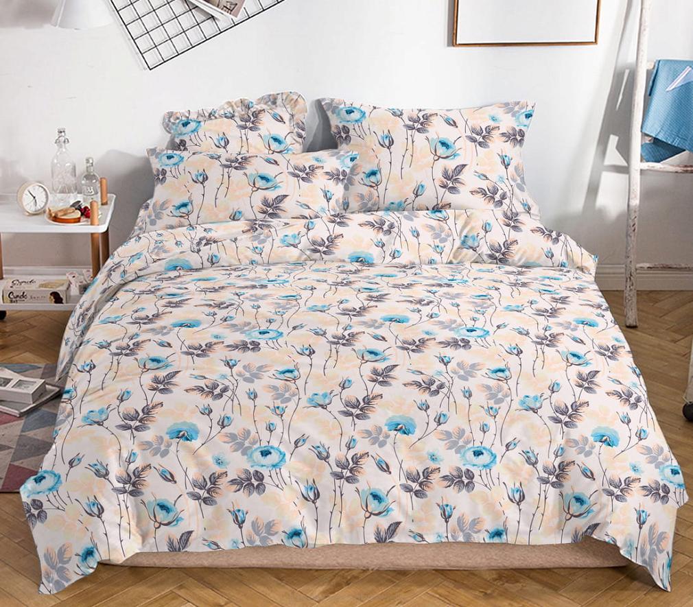 Pościel satynowa 160x200 beżowa niebieskie peonie gałązki liście