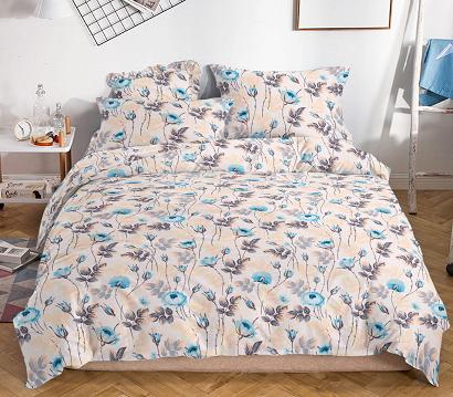 Pościel satynowa 160x200 beżowa niebieskie peonie gałązki liście