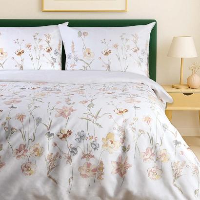 Pościel satyna bawełniana SATYNLOVE 160x200 beżowe kremowe kwiaty na białym tle