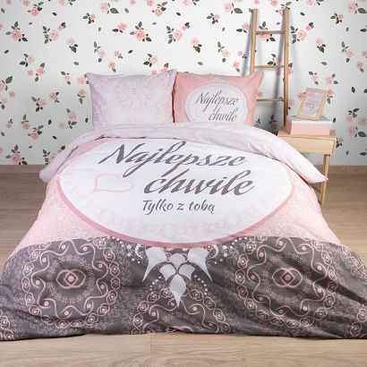 Pościel bawełniana 2220x200 PANELOVE różowa biała dekoracyjny wzór napis