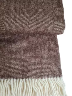 Koc wełniany z frędzlami 150x200 ROMBY wełna nowozelandzka brązowy