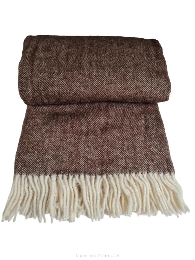Koc wełniany z frędzlami 150x200 ROMBY wełna nowozelandzka brązowy