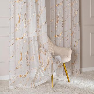 Firana gotowa na taśmie z ołowianką MARMA 140x250 biała ze złotym nadrukiem