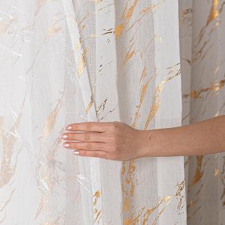 Firana gotowa na taśmie z ołowianką MARMA 140x250 biała ze złotym nadrukiem