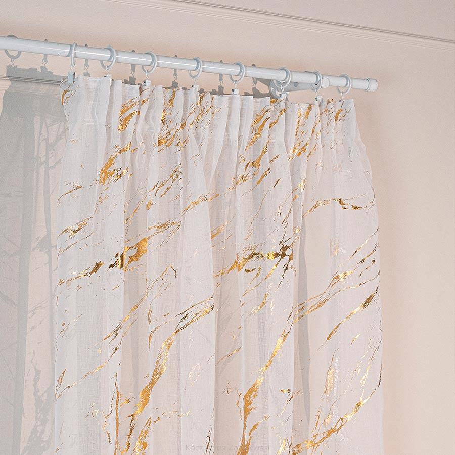 Firana gotowa na taśmie z ołowianką MARMA 140x250 biała ze złotym nadrukiem