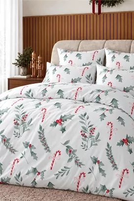 Pościel świąteczna z satyny bawełnianej HOLLY CLASSIC 200x200 biała w gałązki ostrokrzewu