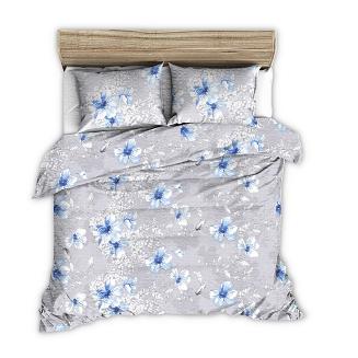 Pościel z kory 200x220 szara duże niebieskie rysowane kwiaty