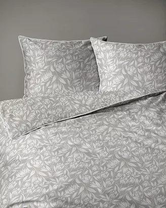 Pościel z perkalu Lamé Percale 220x200 taupe botaniczny wzór ozdobna lamówka biza