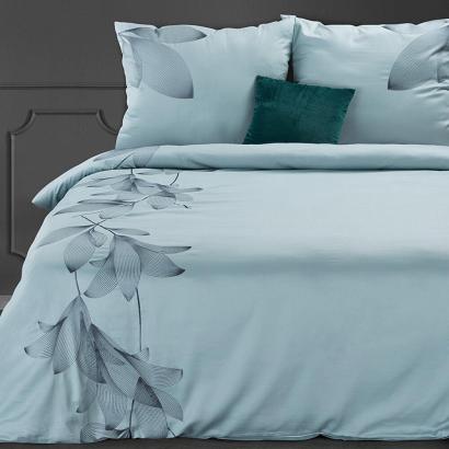 Pościel satynowa HAFT7 160x200 Eurofirany błękitna stalowa haftowane liście a'la kwiaty