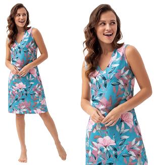 Koszula damska LUNA kod 183 turkusowa w różowe kwiaty