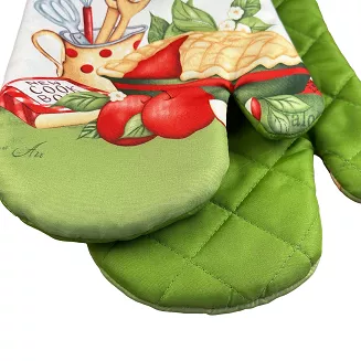 Rękawice kuchenne 18x27 z magnesem 2 szt. białe zielone jabłecznik