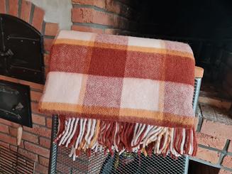 Koc wełniany z frędzlami 160x200 kratka kremowy brązowy musztardowy