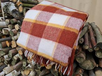 Koc wełniany z frędzlami 160x200 kratka kremowy brązowy musztardowy