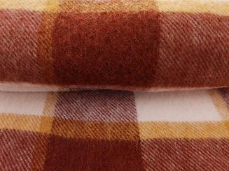 Koc wełniany z frędzlami 160x200 kratka kremowy brązowy musztardowy