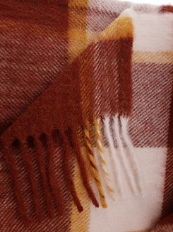 Koc wełniany z frędzlami 160x200 kratka kremowy brązowy musztardowy