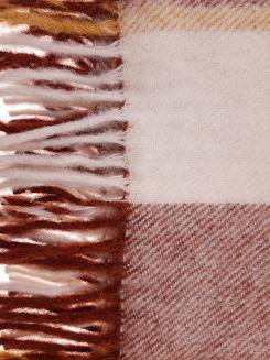 Koc wełniany z frędzlami 160x200 kratka kremowy brązowy musztardowy