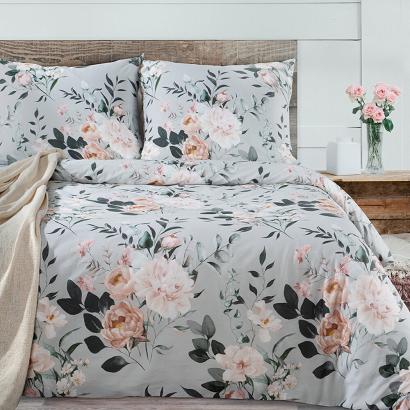 Pościel bawełniana ROSITA 140x200 Eurofirany szara stalowa różowa kwiaty peonie
