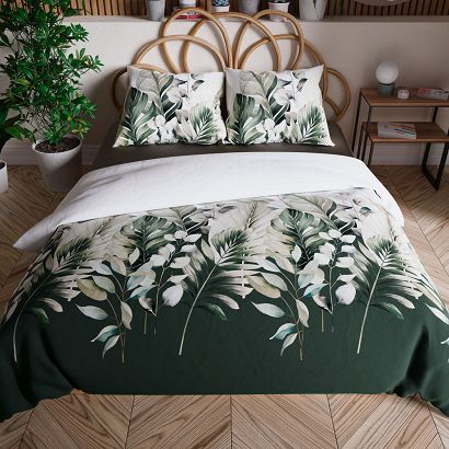 Komplet pościeli LEAFY z bawełny satynowej 160x200 biała zielona duże liście
