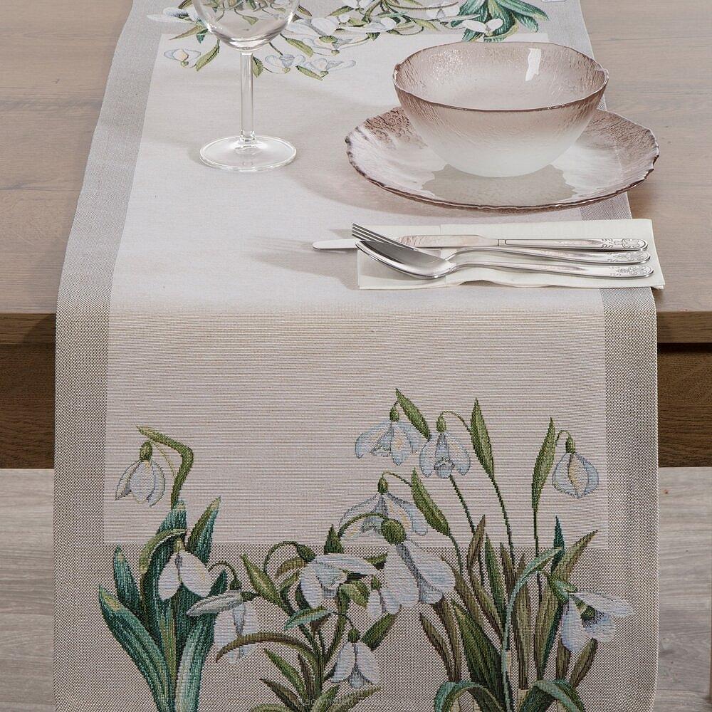 Bieżnik dekoracyjny gobelin 45x140 Eurofirany naturalny zielony wiosenne kwiaty przebiśniegi