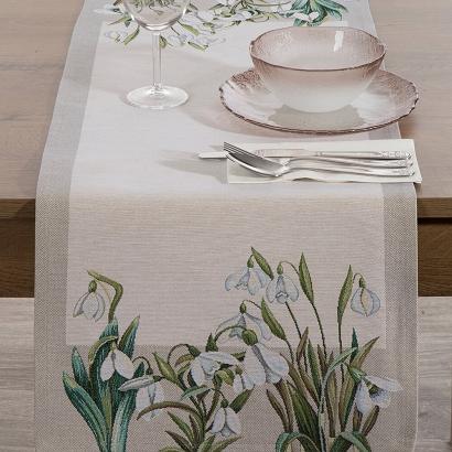 Bieżnik dekoracyjny gobelin 45x140 Eurofirany naturalny zielony wiosenne kwiaty przebiśniegi