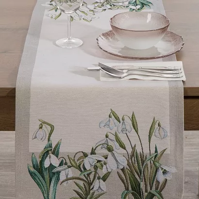 Bieżnik dekoracyjny gobelin 45x140 Eurofirany naturalny zielony wiosenne kwiaty przebiśniegi