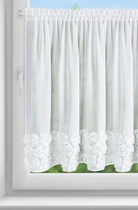 Zazdrostka firana gotowa na taśmie ROSES 150x90 Eva Minge Eurofirany biała z szyfonu z 3 pasami róż