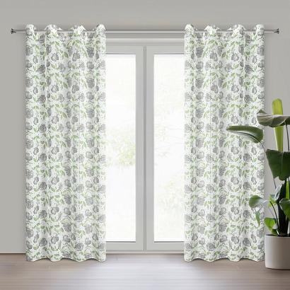 Zasłona gotowa na przelotkach DARI 140x250 Eurofirany biała stalowa zielona nadruk kwiatowy