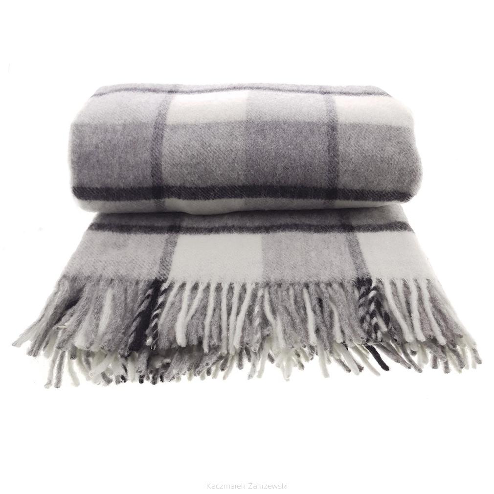 Koc wełniany z frędzlami 160x200 kremowy szary w kratę