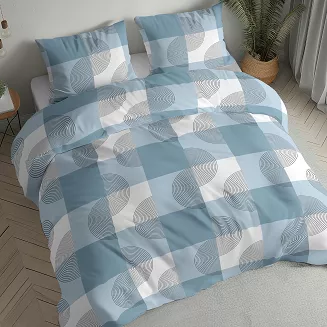 Pościel flanelowa 220x200 biała niebieska krata zawijasy