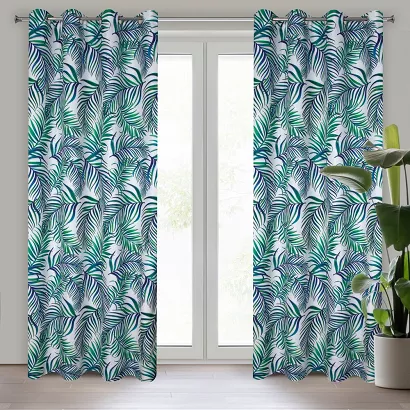Zasłona gotowa na przelotkach PALMS 140x250 Design91 zielona biała w palmowe liście