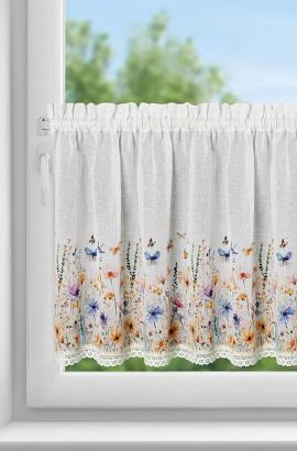 Firana gotowa zazdrostka  ROZALIE 150x60 Eurofirany biała żółta niebieska fioletowa kwiaty motyle koronka