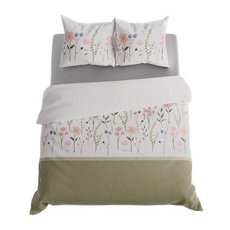 Komplet pościeli FABLE z bawełny satynowej 160x200 biała oliwkowa łąka polne kwiaty