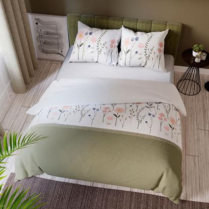 Komplet pościeli FABLE z bawełny satynowej 160x200 biała oliwkowa łąka polne kwiaty