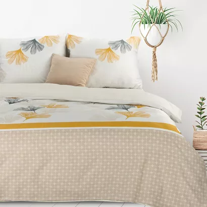 Pościel bawełniana LEA 200x220 Design91 biała szara pomarańczowa miłorząb drobny rzucik